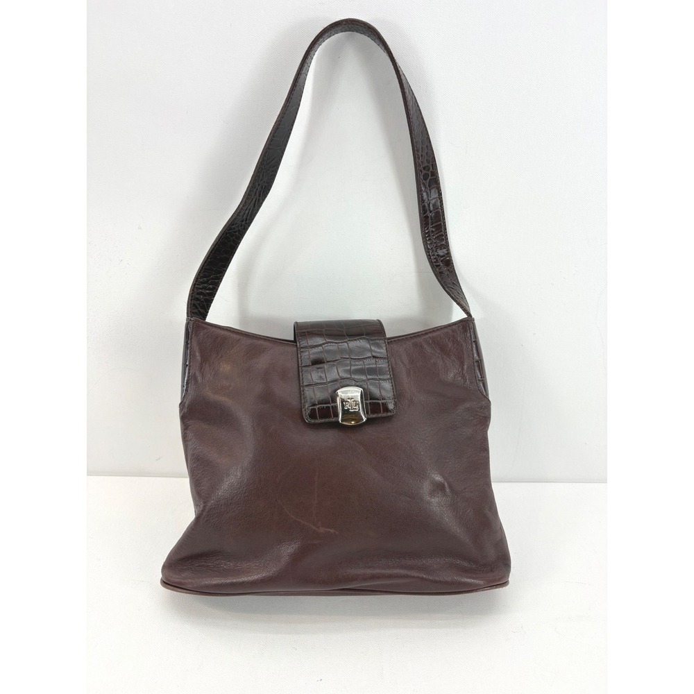 Ralph Lauren Brown Leather‎ Croc Embossed Shoulder Bag RL Logo Hobo Handbag